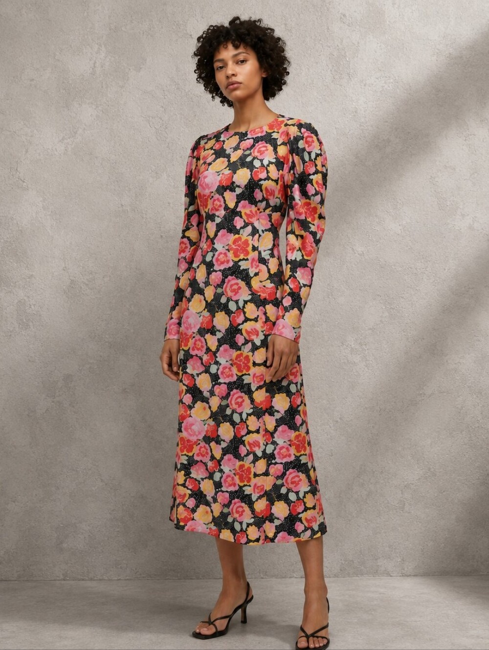 Topshop Black Floral Midi Dress Size 8 White Polka Dot Wedding Guest Feminine